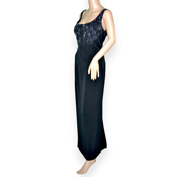 Daymor Couture 80s Black Sequin Maxi Sheath Cocktail Dress Peplum Blazer Suit 12 - Picture 3 of 11